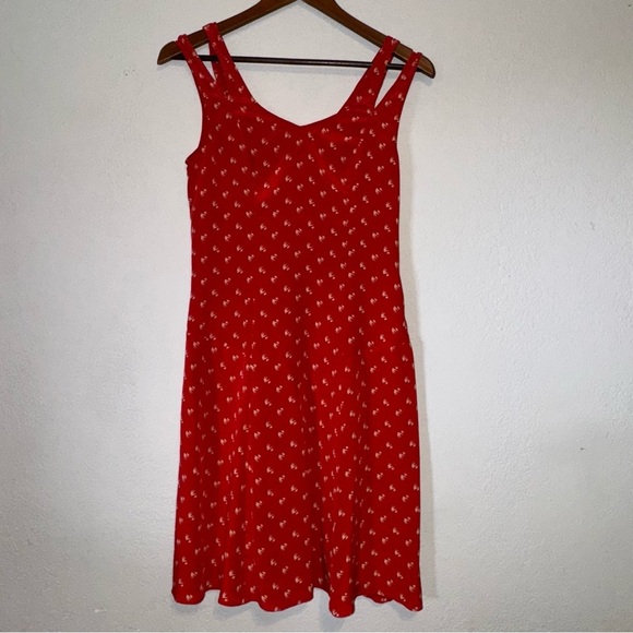 Women's Anthropologie Moulinette Soeurs Scarlet Red Dress with Ivory Bird Motif - Picture 2 of 10